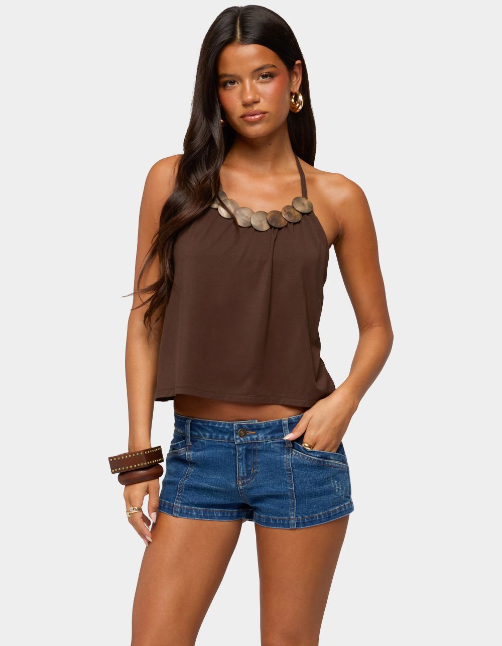 EDIKTED Gale Wood Disc Halter Top - BROWN
