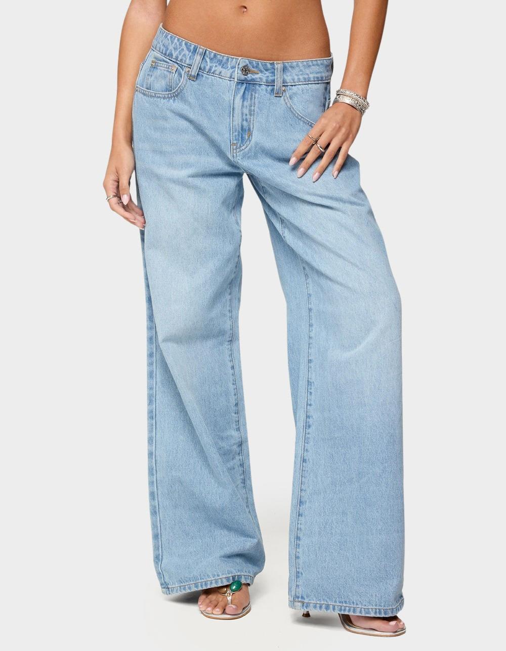 EDIKTED Mirra Embroidered Flower Low Rise Jeans - BLUE
