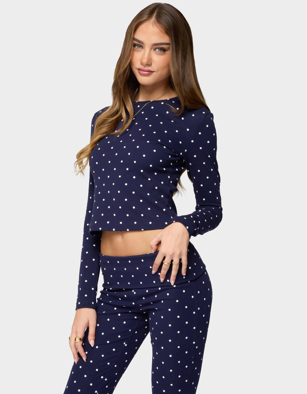 EDIKTED Daliya Polka Dot Long Sleeve Top - NAVY