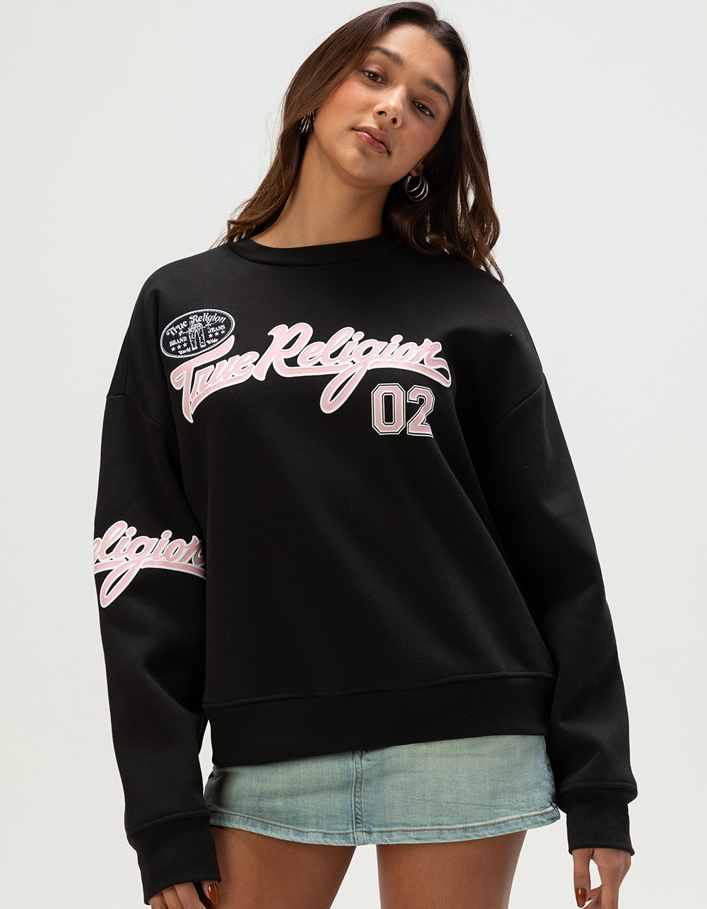 TRUE RELIGION Embroidered Womens Boyfriend Crewneck Sweatshirt - BLACK