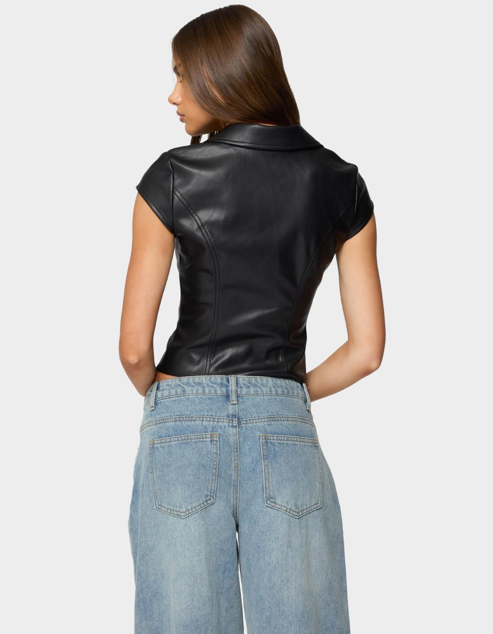 EDIKTED Faux Leather Tailored Button Up Top - BLACK