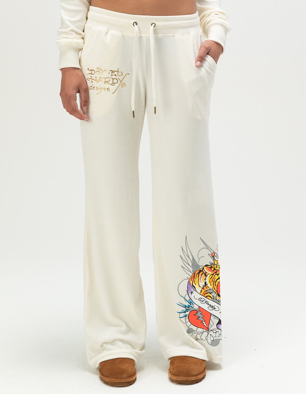 ED HARDY Tiger Crown Womens Velour Pants - IVORY