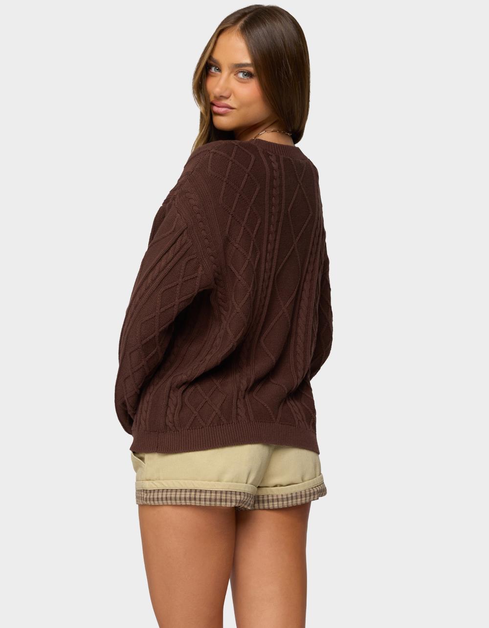 EDIKTED Jessy Cable Knit Oversized Sweater - BROWN