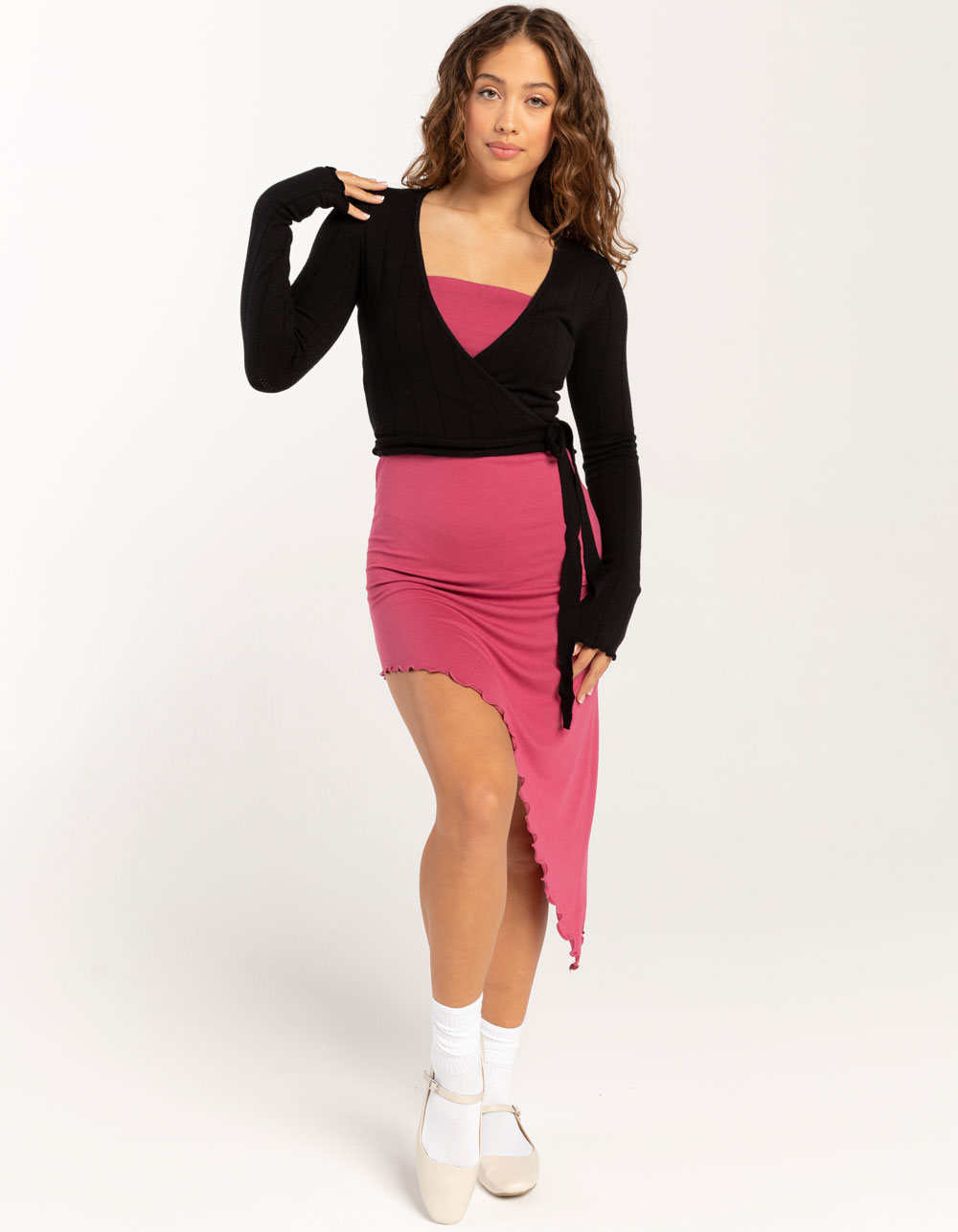 RSQ Womens Pointelle Rib Wrap Top BLACK Tillys