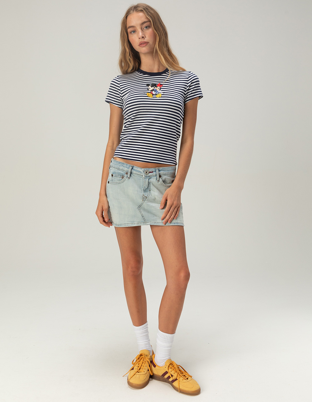 DISNEY Minnie And Mickey Womens Embroidered STRIPE Baby Tee