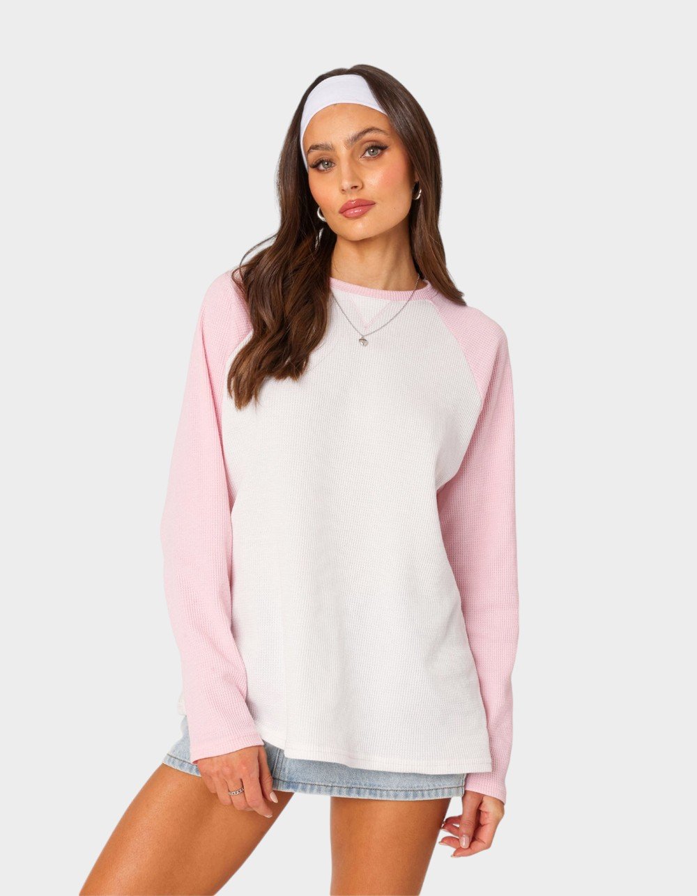 EDIKTED Me Time Oversized Waffle Top - LIGHT PINK
