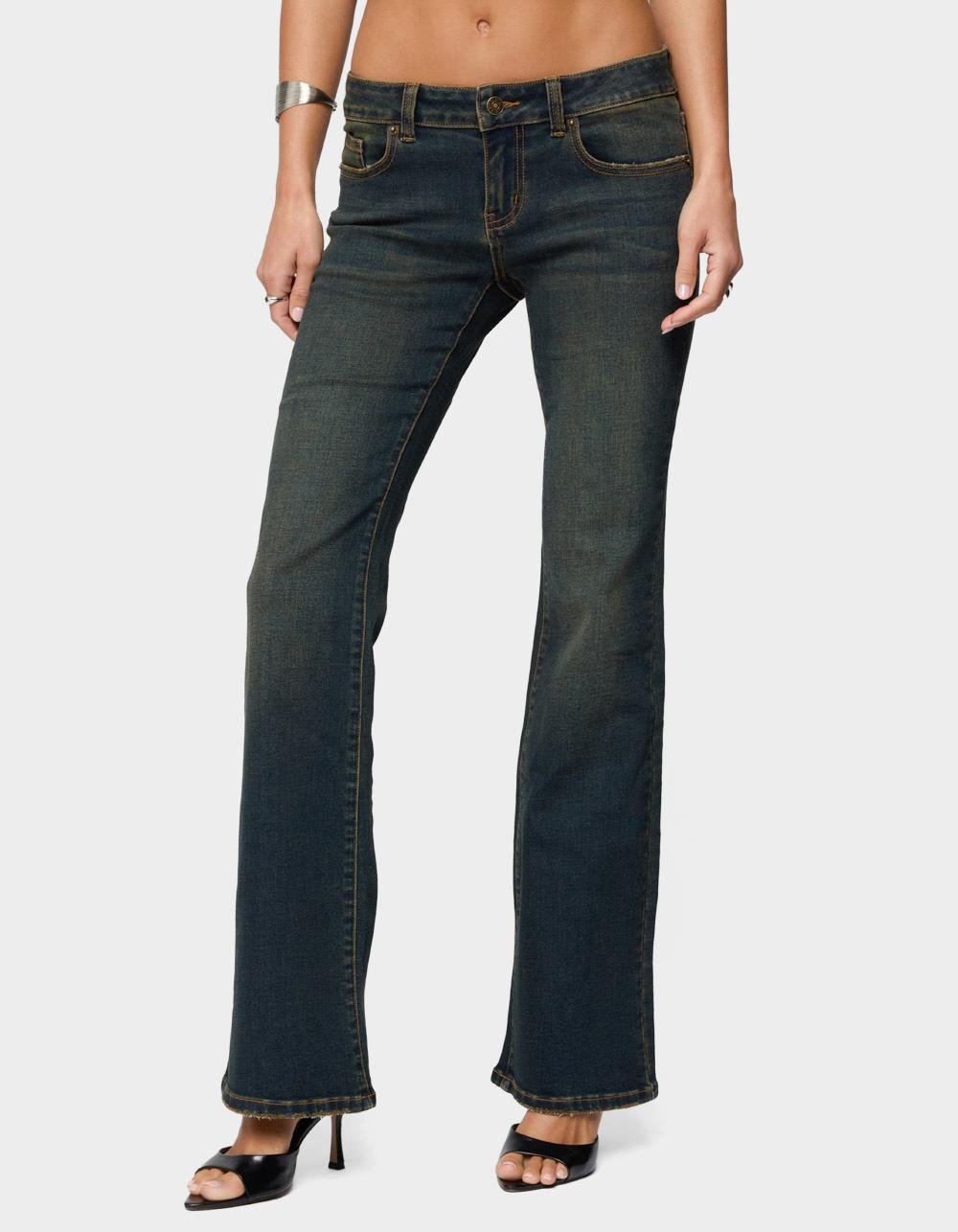 EDIKTED Tez Vintage Washed Low Rise Bootcut Jeans - BLUE