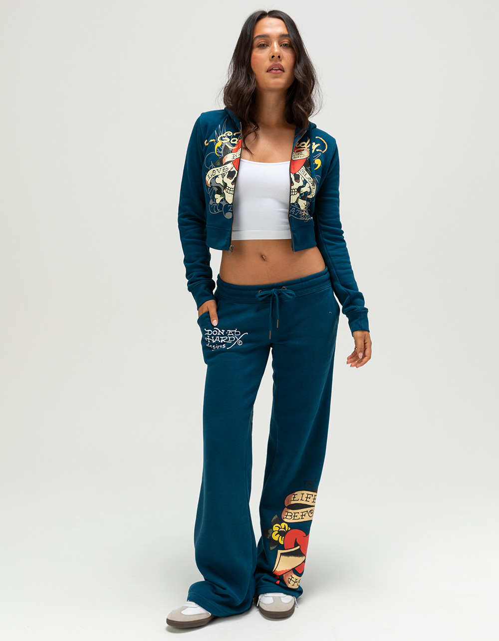 ED HARDY Love Kills Slow Skull Womens Zip-Up Hoodie - NAVY