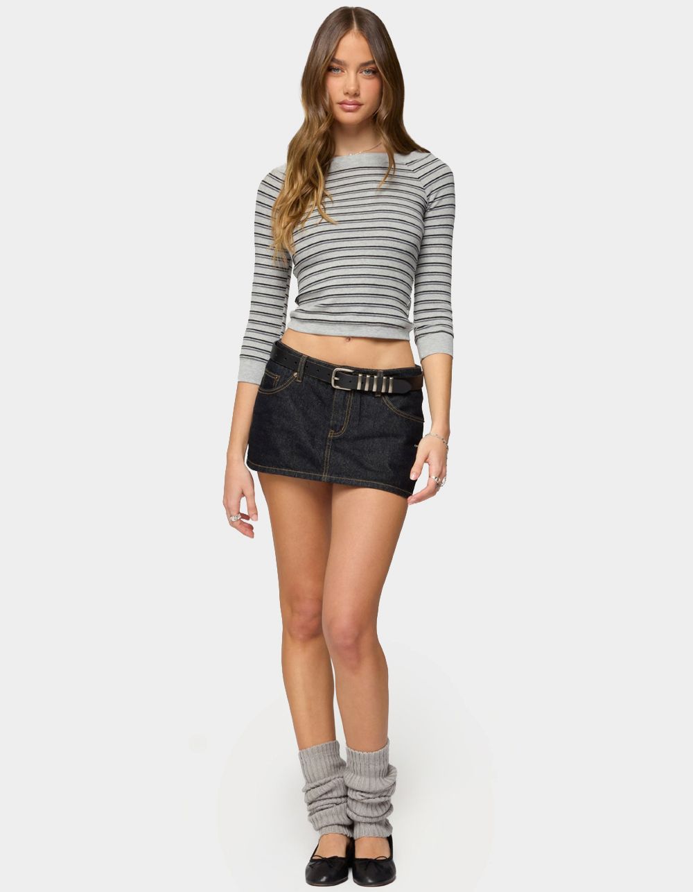 EDIKTED Imelde Striped Boat Neck Top - GRAY