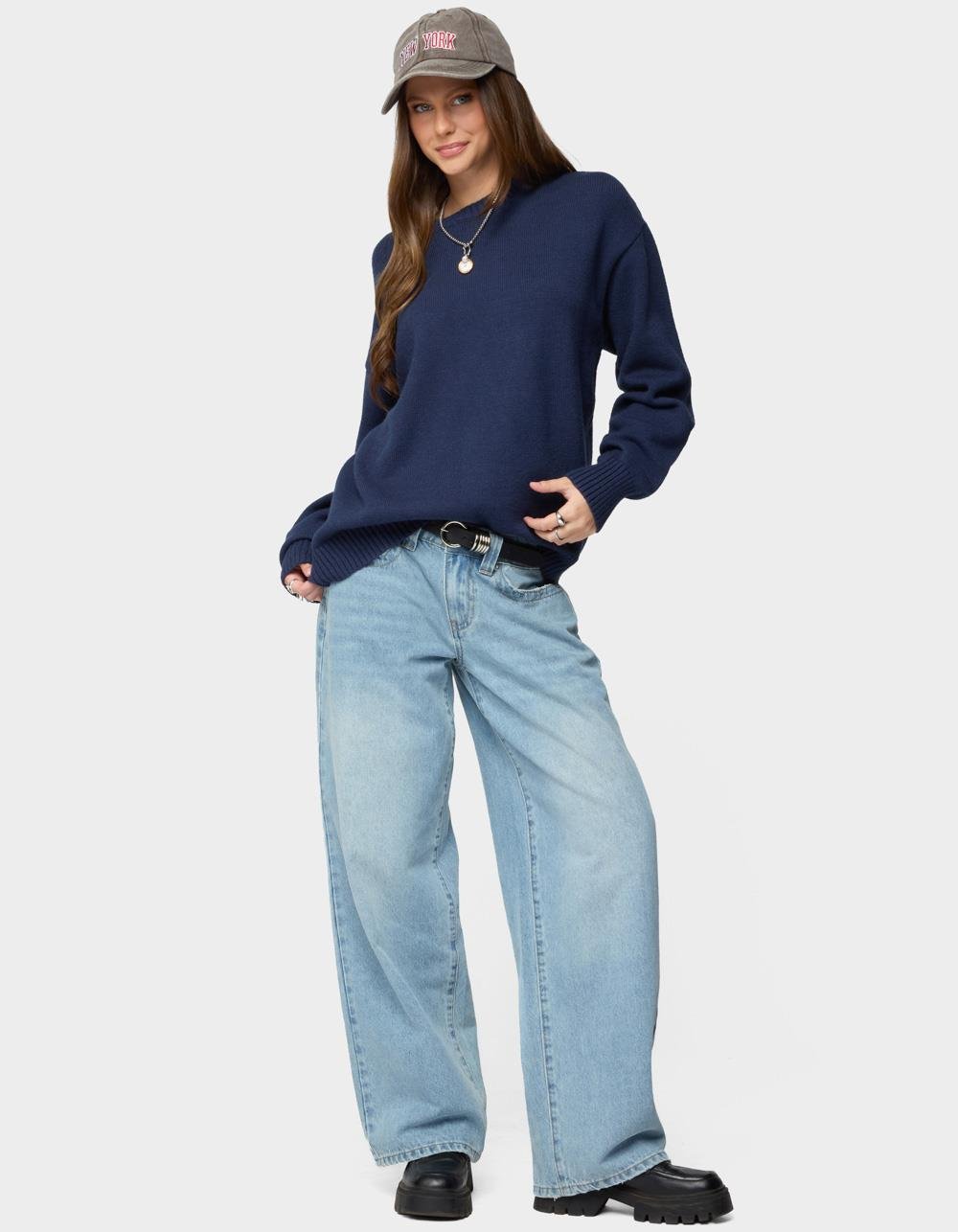 EDIKTED Priscila Oversized Crewneck Sweater - NAVY