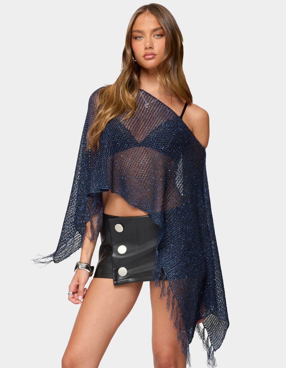 EDIKTED Sequin Fringe Knit Poncho