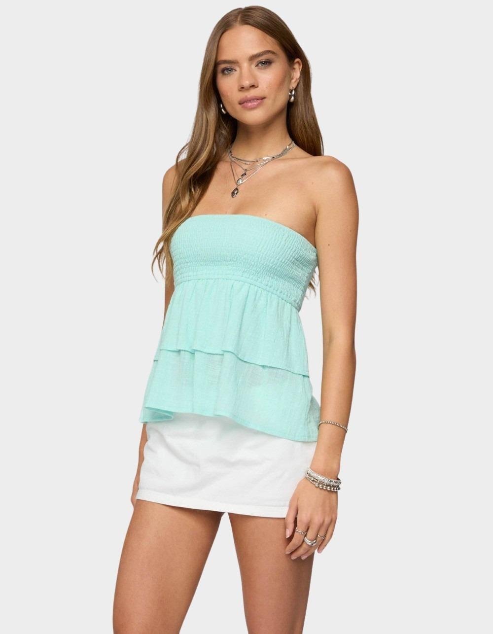 EDIKTED Harleigh Ruffled Linen Look Tube Top - BLUE