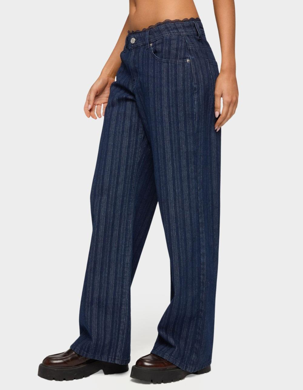 EDIKTED Lace Trim Striped Low Rise Baggy Jeans - BLUE