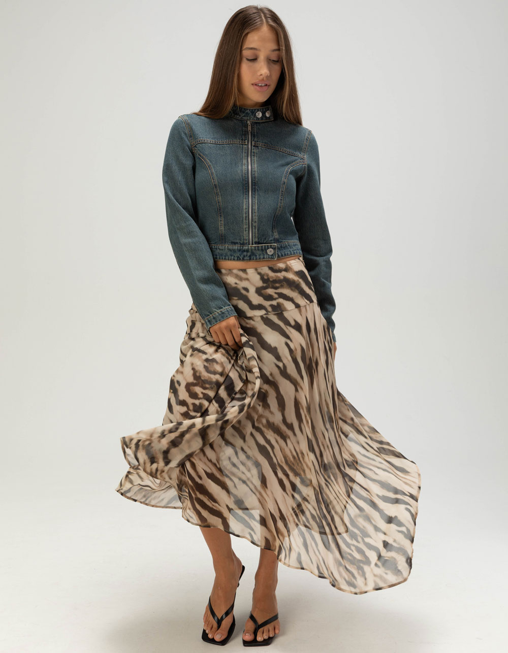 WEST OF MELROSE Asymmetric Animal Print Womens Midi Skirt - BROWN COMBO