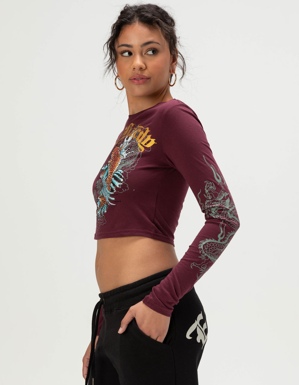 ED HARDY Koi Fish Womens Long Sleeve Baby Tee - WINE