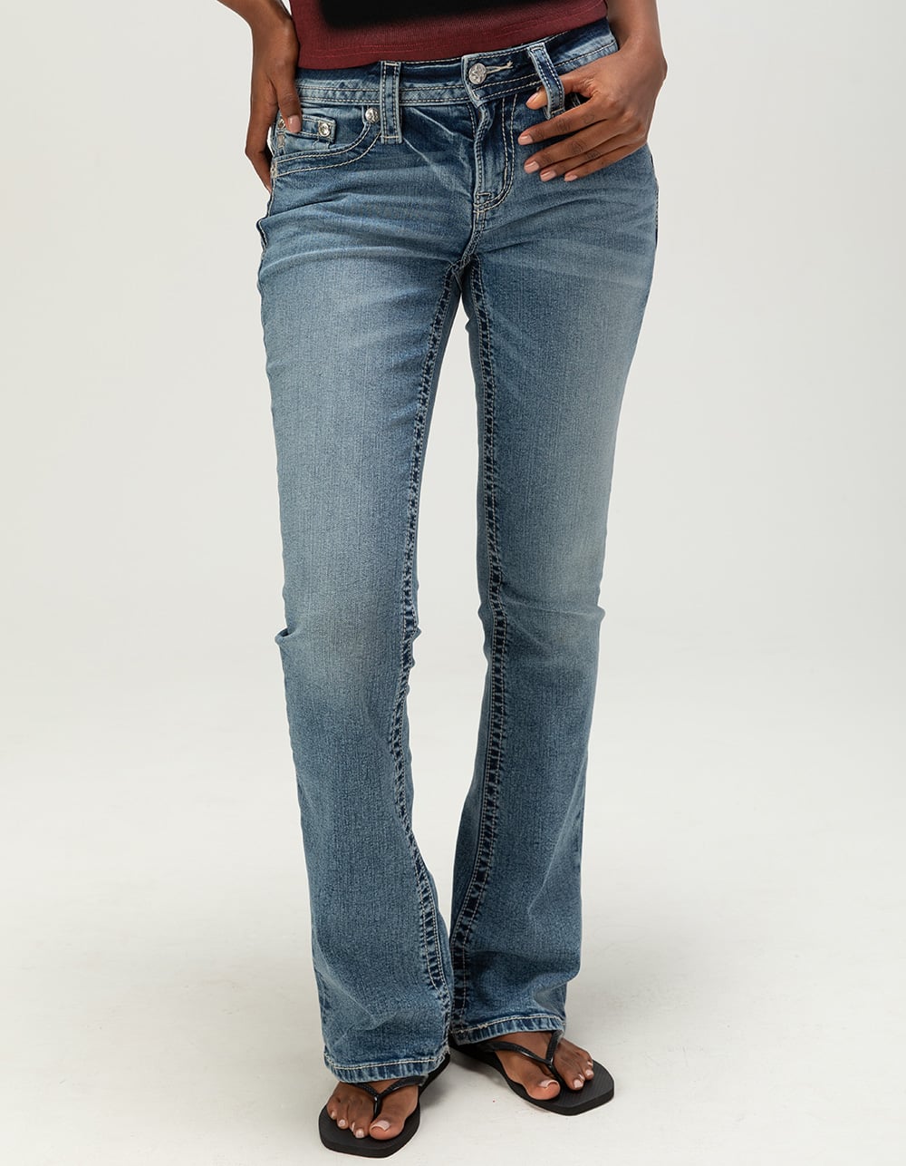 MISS ME X Pocket Womens Mid Rise Bootcut Jeans - MEDIUM WASH