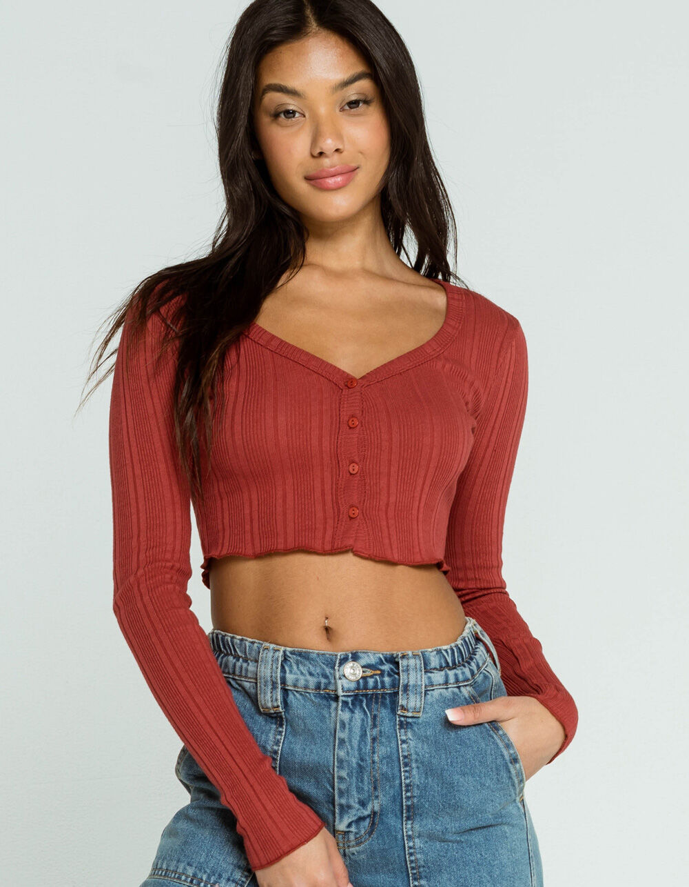 SKY AND SPARROW Button Front Womens Rust Crop Cardigan - RUST | Tillys