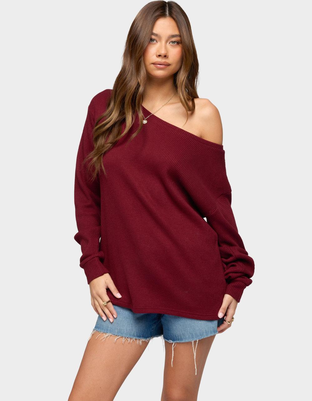 EDIKTED Damari Off Shoulder Oversized Waffle Top