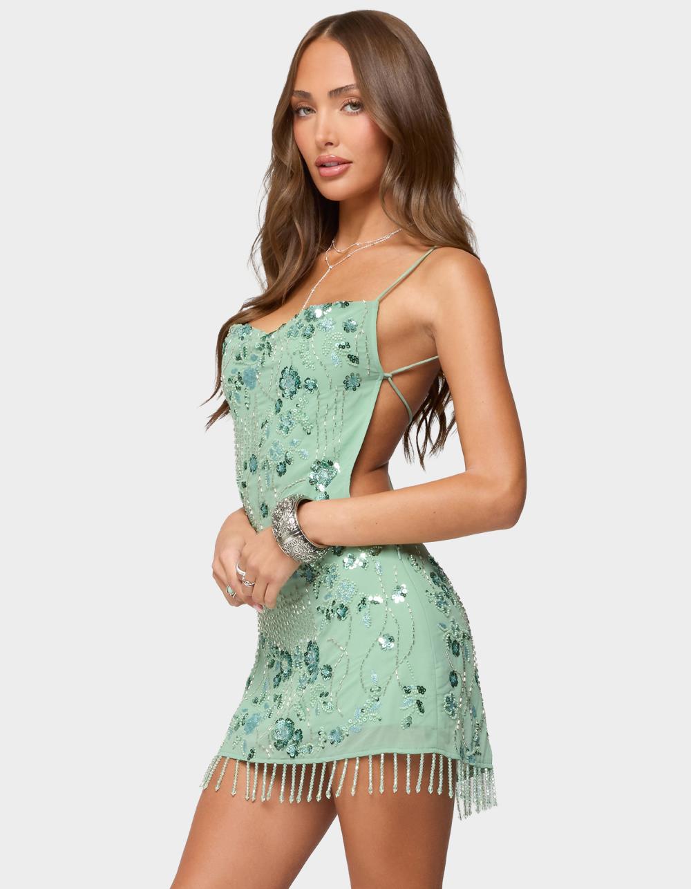 EDIKTED Embellished Fringed Backless Mini Dress - DK GREEN