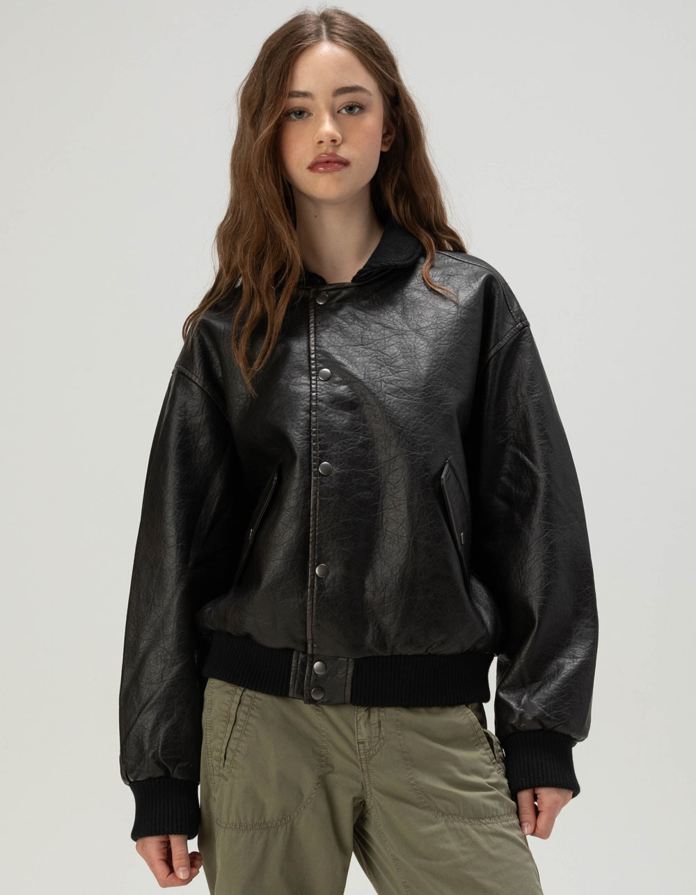 BDG Urban Outfitters Leon Womens Faux Leather Bomber Jacket - BLACK