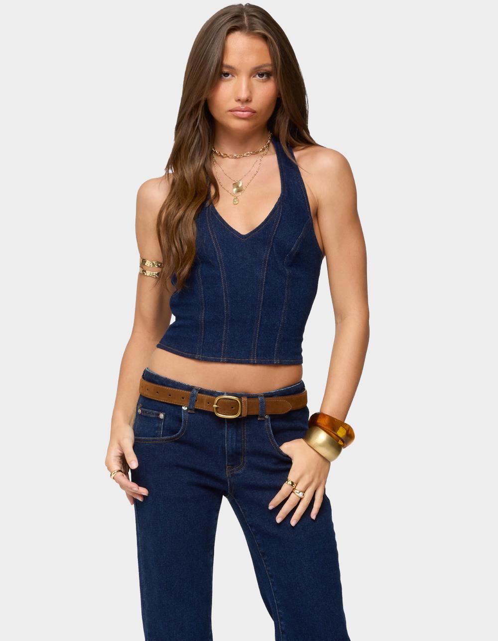 EDIKTED Jemima Contrast Stitch Denim Halter Top - DARK BLUE