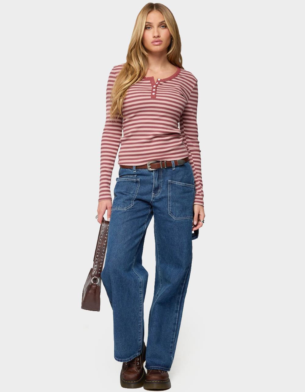 EDIKTED Roma Striped Henley Top - PINK