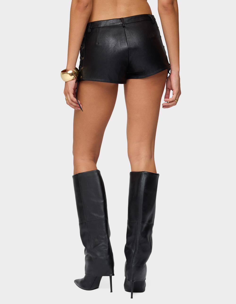 EDIKTED Kariss Lace Up Faux Leather Micro Shorts - BLACK