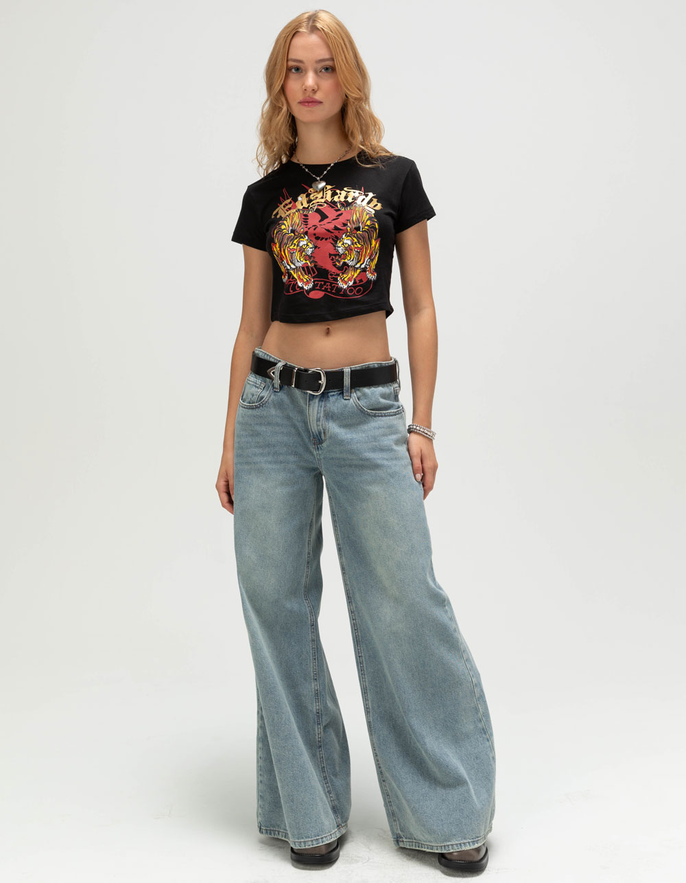 ED HARDY Tigers Womens Baby Tee - BLACK