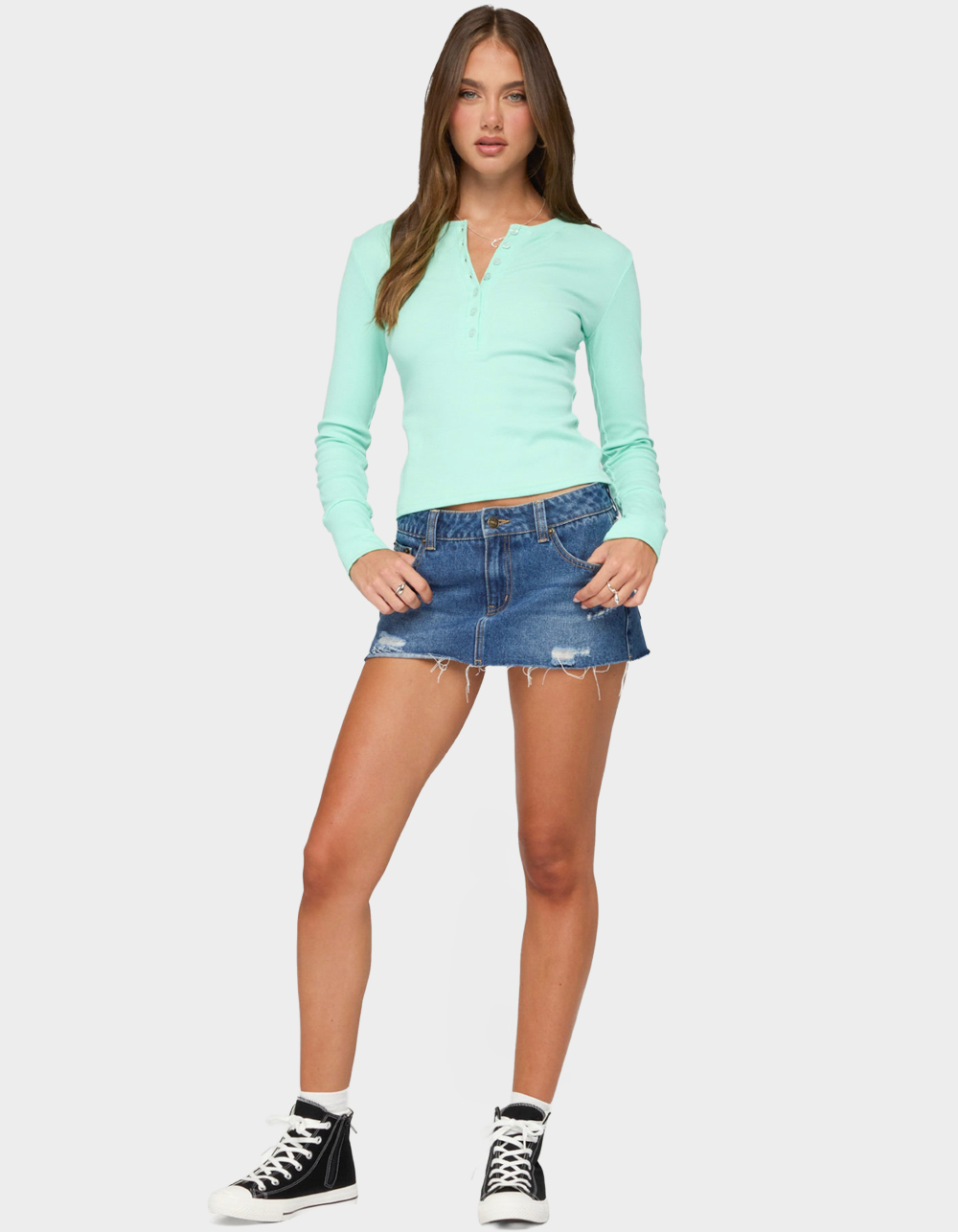 EDIKTED Nylah Distressed Denim Mini Skort - LIGHT BLUE