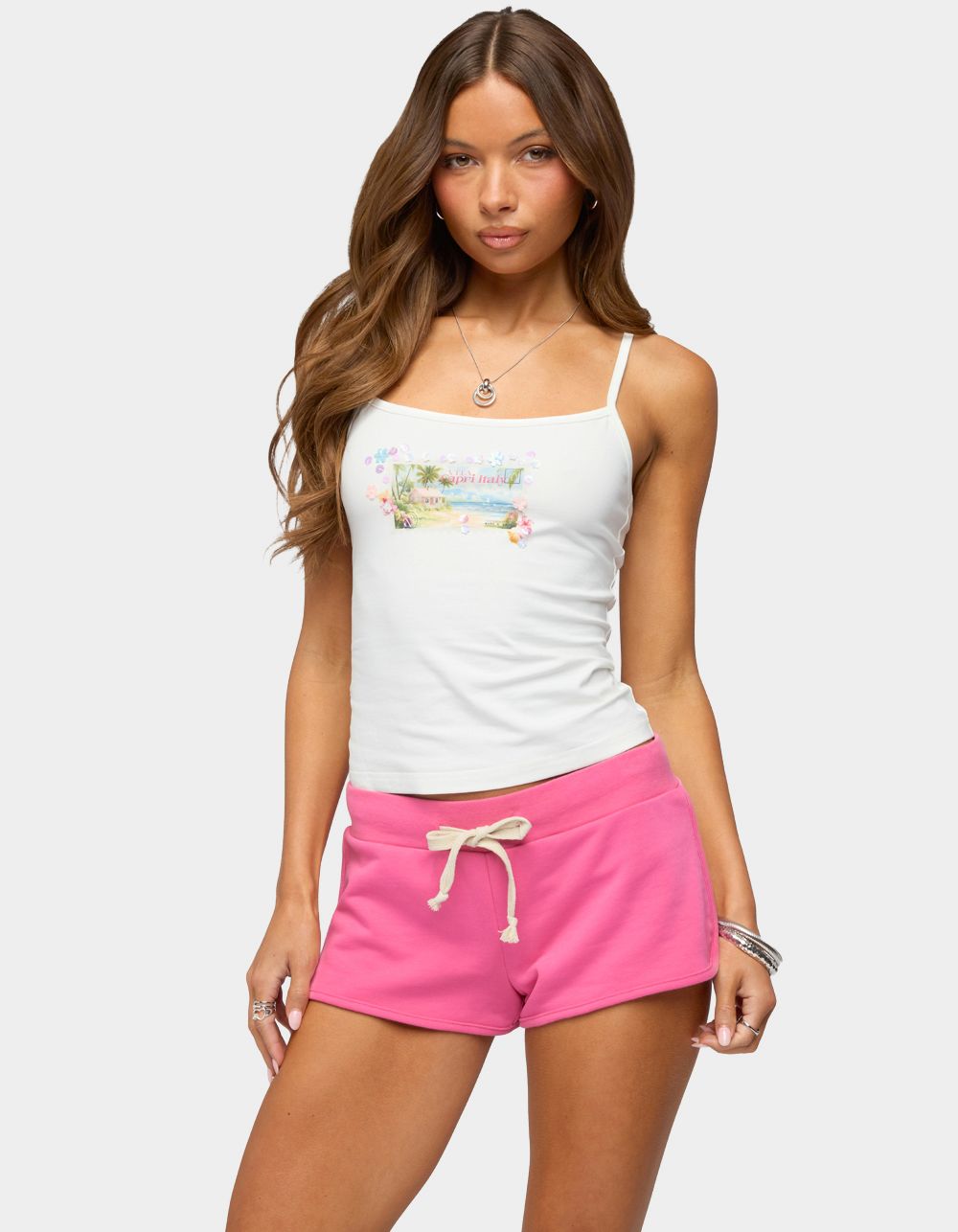 EDIKTED Beach Postcard Sequin Tank Top - BEIGE