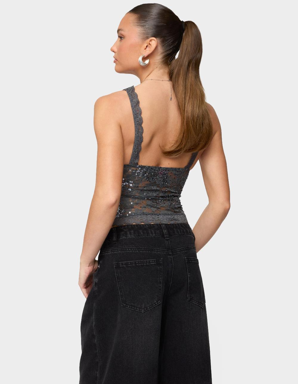 EDIKTED Isabela Sequin Sheer Lace Tank Top - GRAY