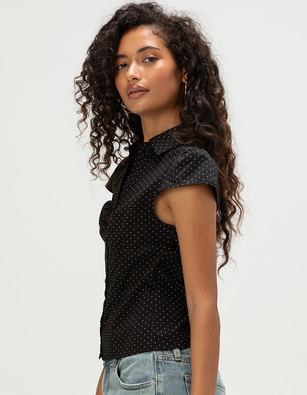 LOVE TREE Womens Polka Dot Button Up Shirt