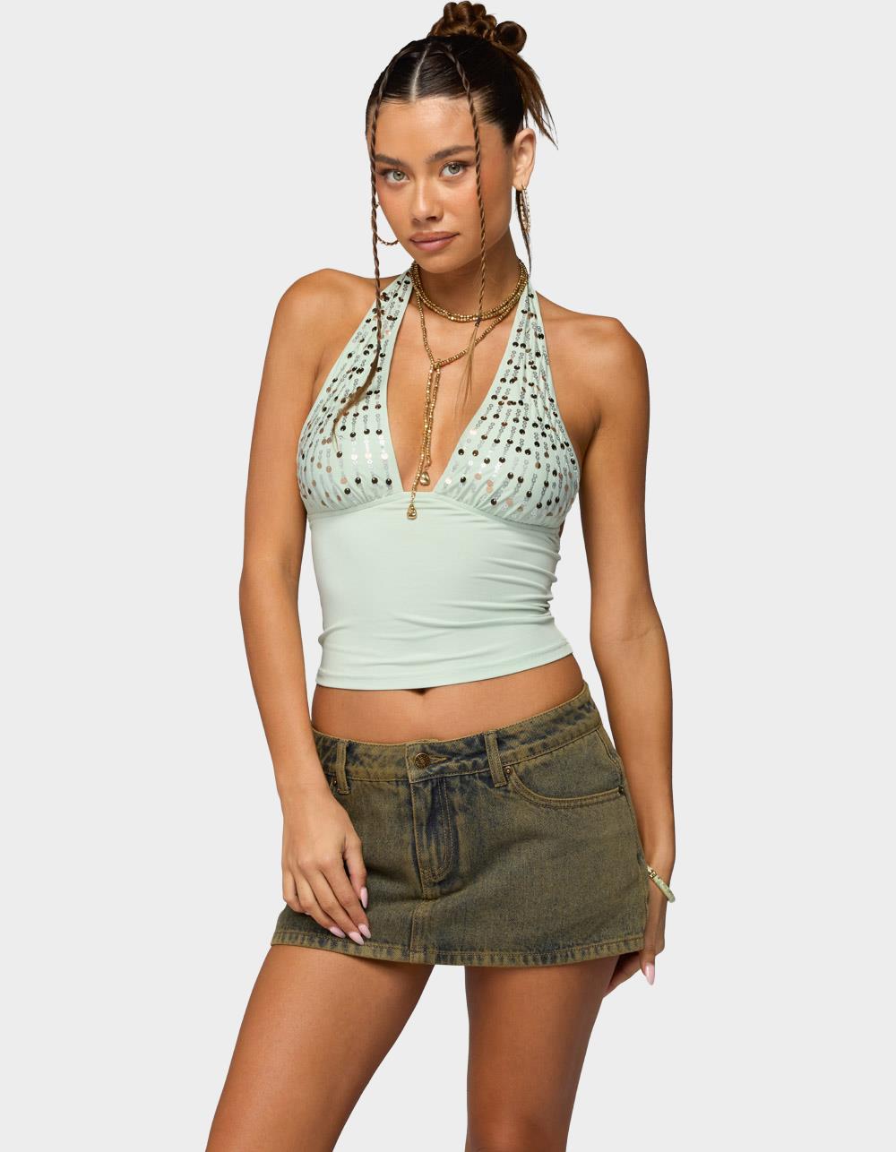 EDIKTED Sequin Plunge Neck Halter Top - DK GREEN