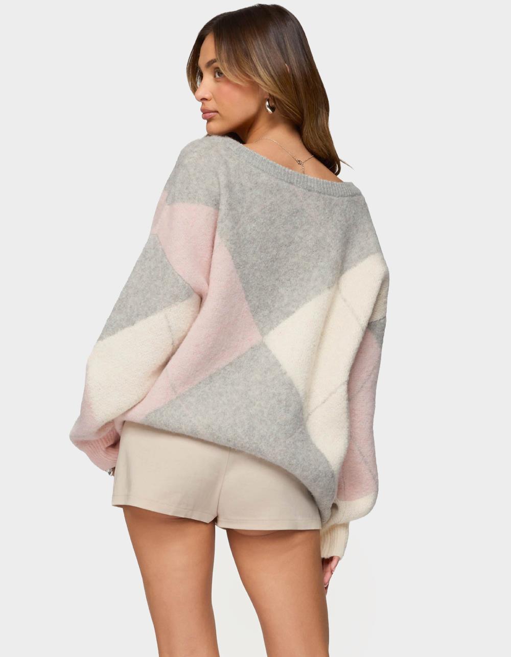 EDIKTED Elda Oversized Argyle Sweater - LIGHT GRAY