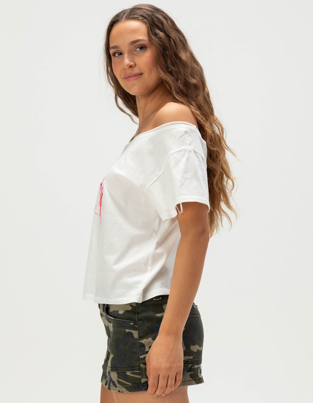 FULL TILT Plumeria Womens Off The Shoulder Tee - WHITE