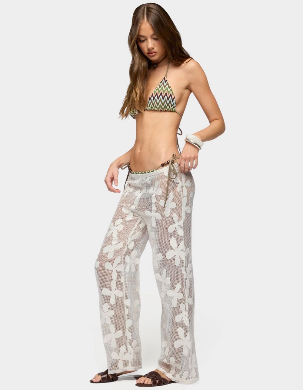 EDIKTED Candace Floral Textured Sheer Pants - BEIGE
