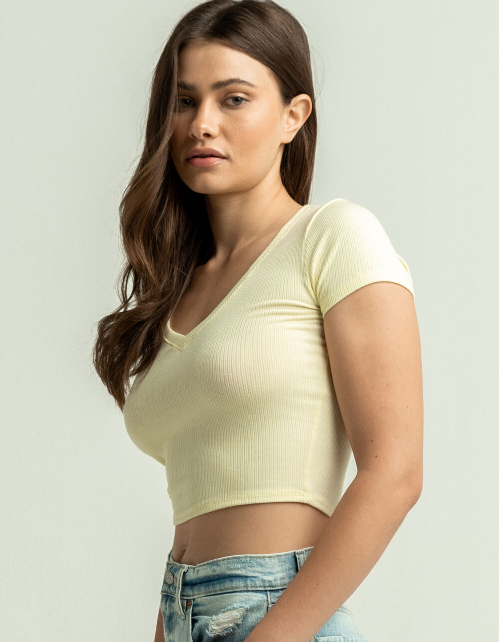 DESTINED Ribbed VNeck Womens Light Yellow Crop Tee LIGHT YELLOW Tillys