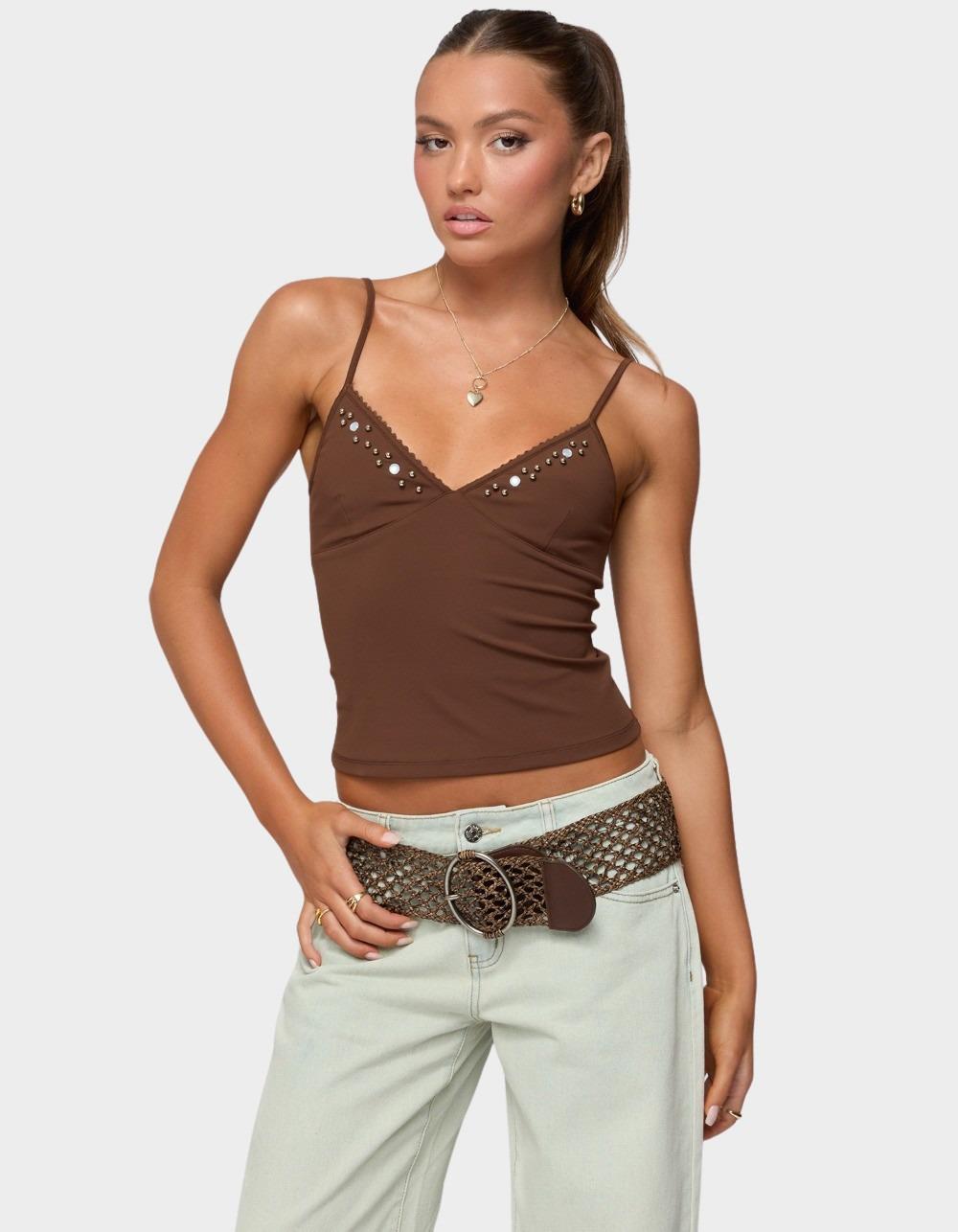 EDIKTED Holland Bead V-Neck Tank Top - BROWN
