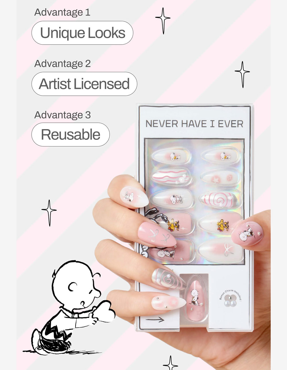NEVER HAVE I EVER Swirls Of Snoopy Press-On Nails - PINK COMBO