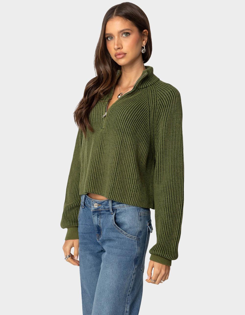 EDIKTED Cropped Rib Knit Half Zip Sweater - DK GREEN