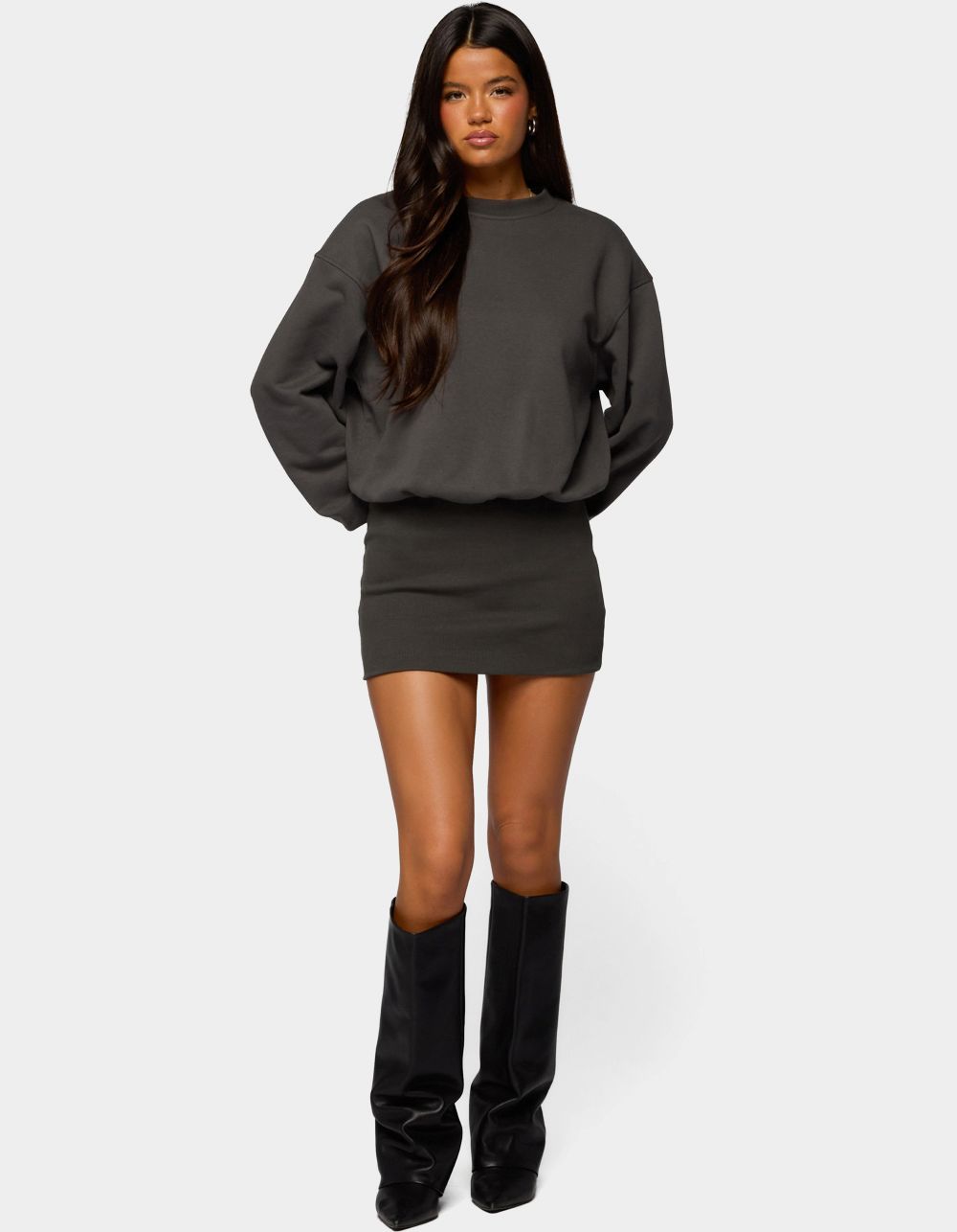 EDIKTED Jannah Sweatshirt Mini Dress - DARK GRAY