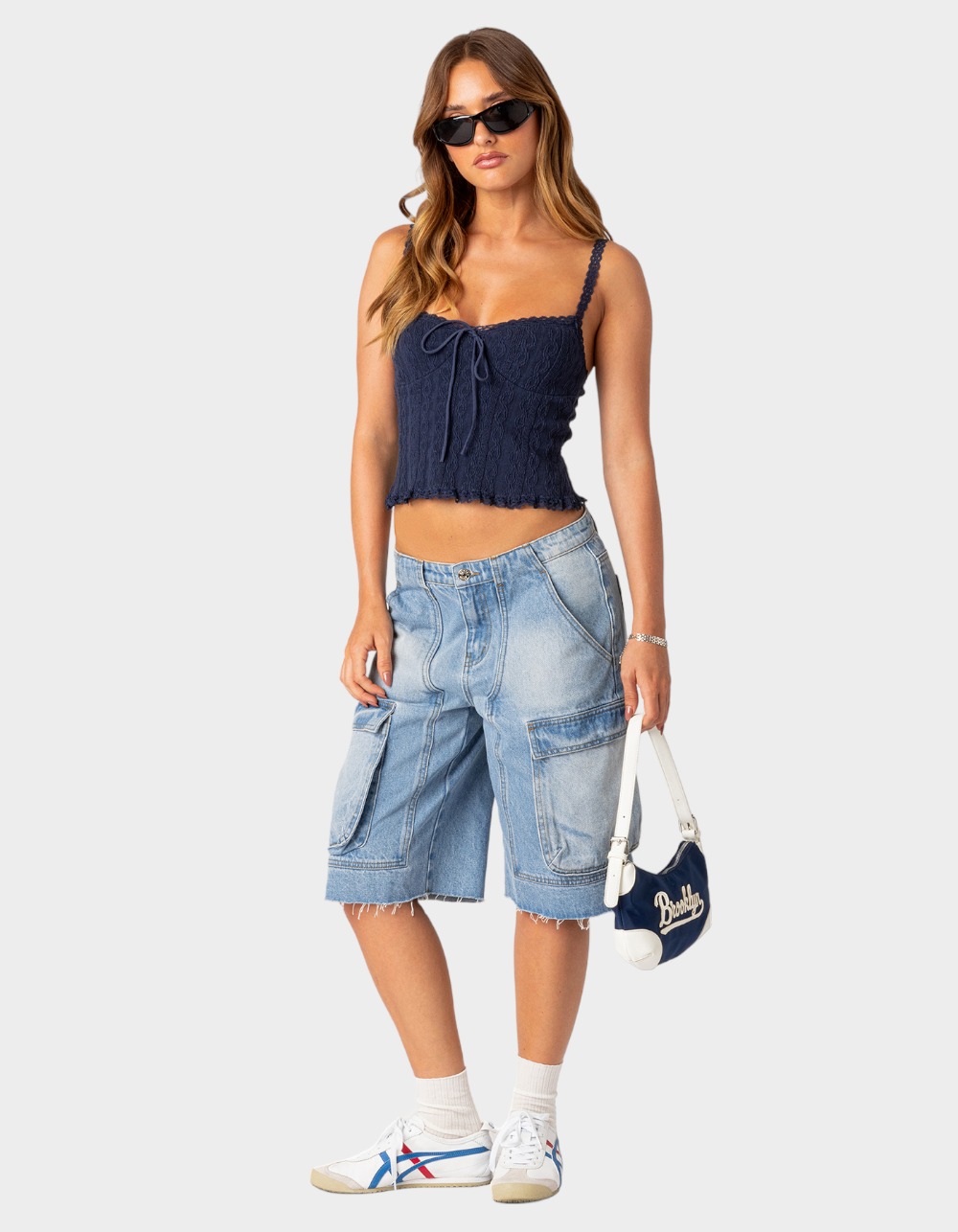 EDIKTED Lacey Knit Tank Top - NAVY