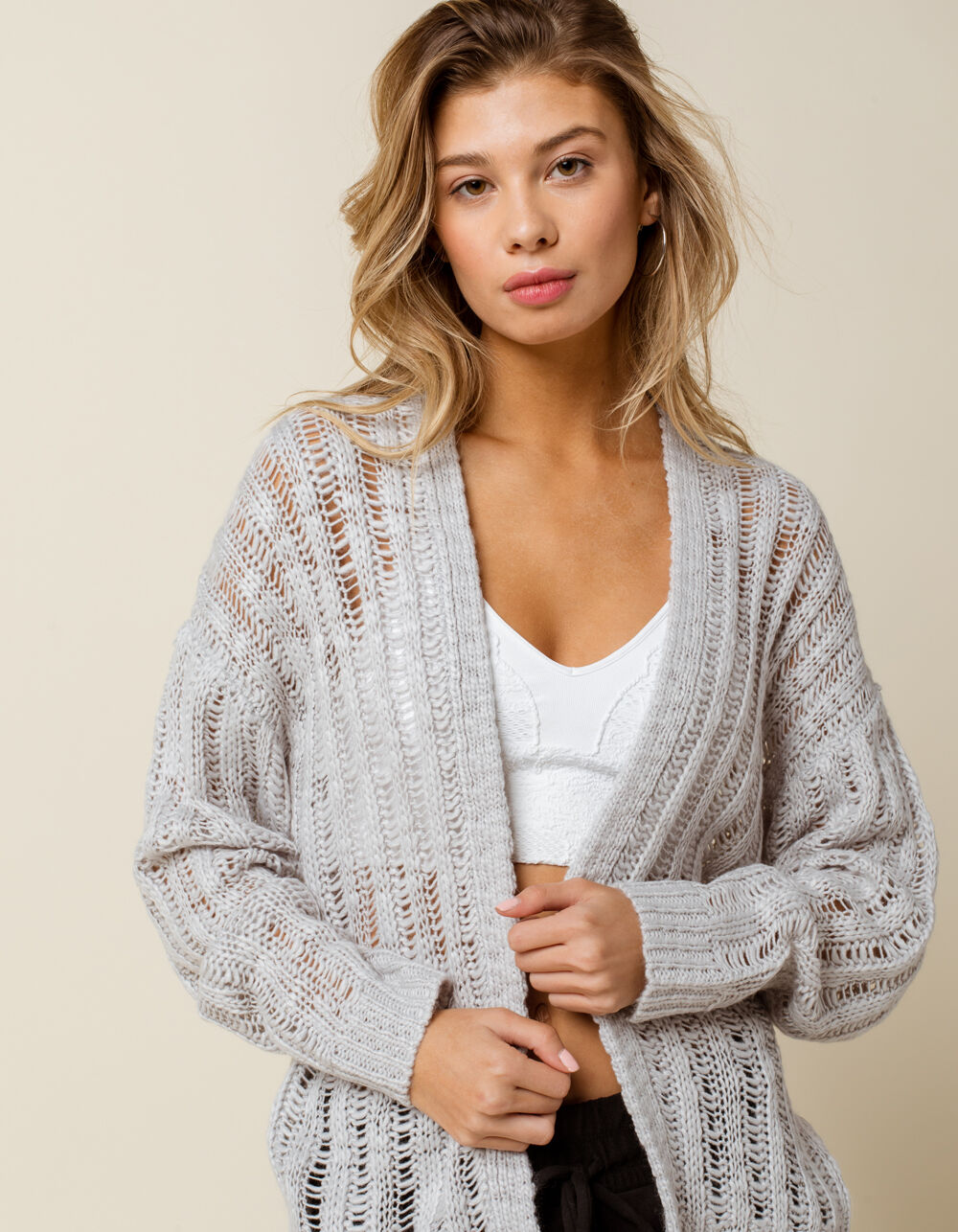 SKY AND SPARROW Open Weave Womens Heather Gray Cardigan - HEATHER GRAY ...