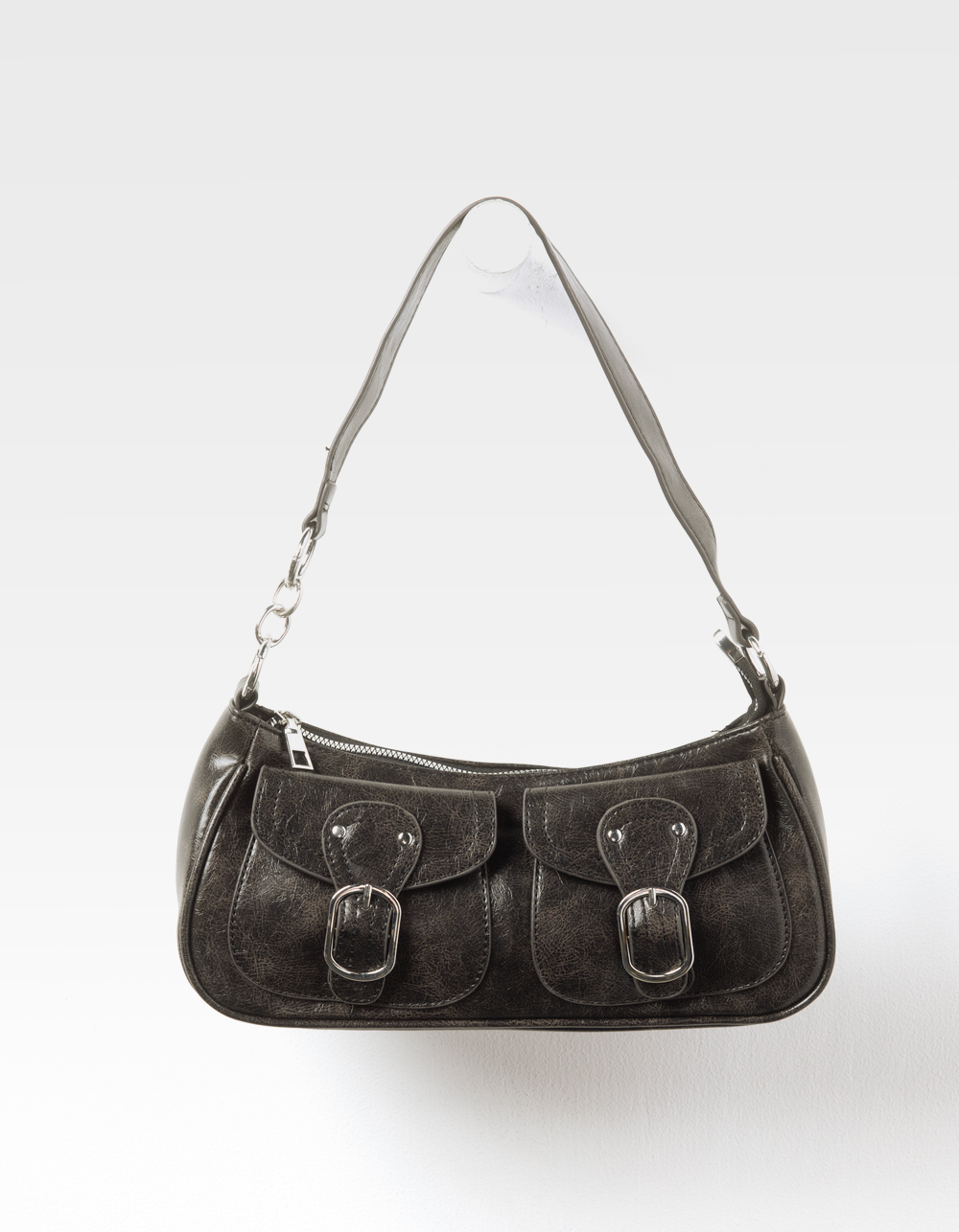 Faux Leather Buckle Shoulder Bag - WASHED BLACK