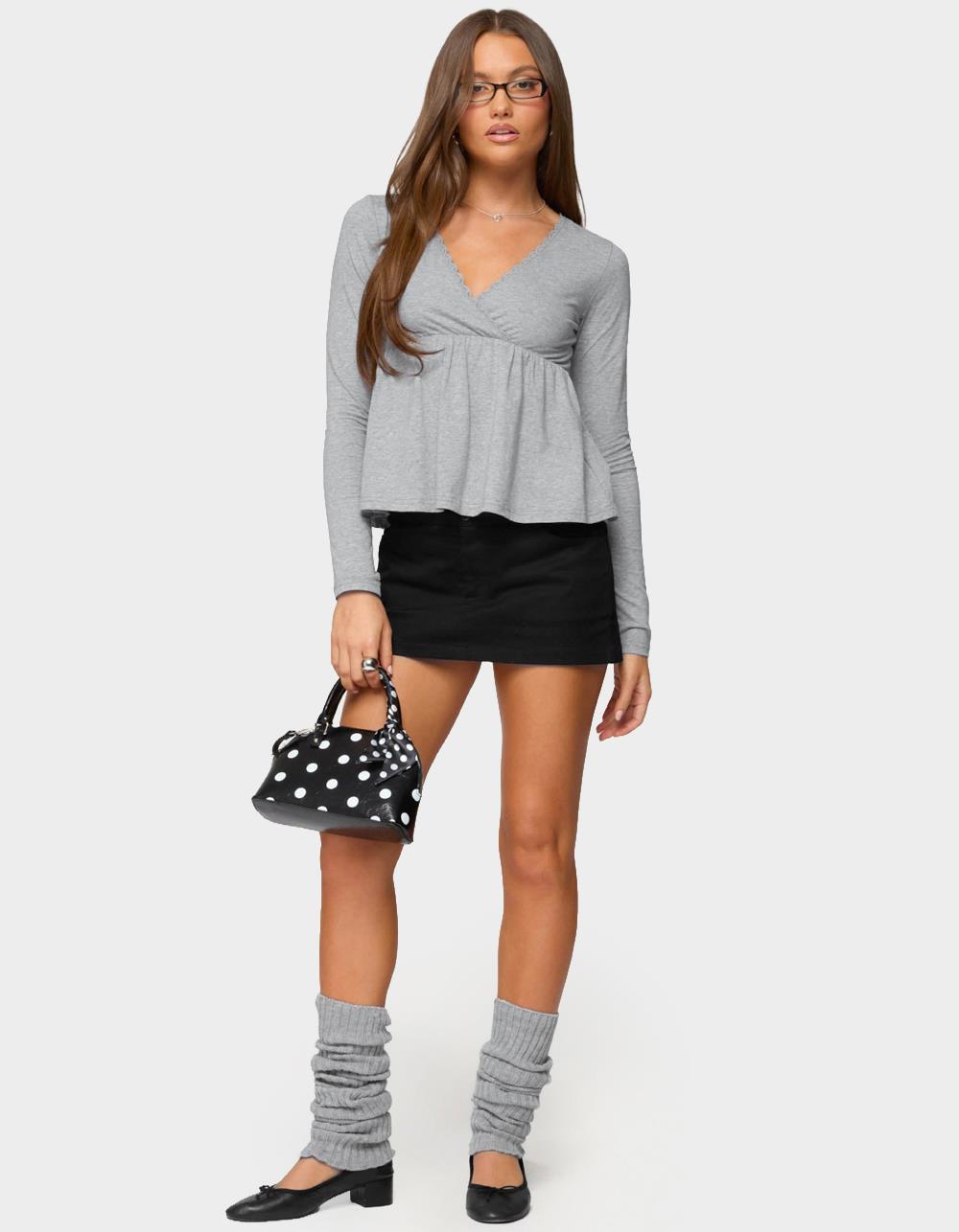 EDIKTED Kenzie Long Sleeve Babydoll Top - GRAY