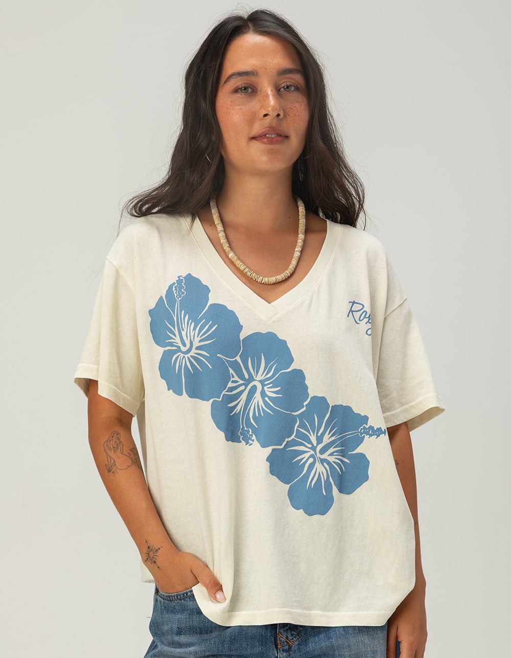ROXY Hibiscus Womens Oversized V-Neck Tee - WHITE