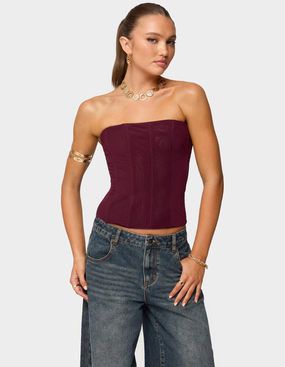 EDIKTED Reed Sheer Mesh Corset - DK RED