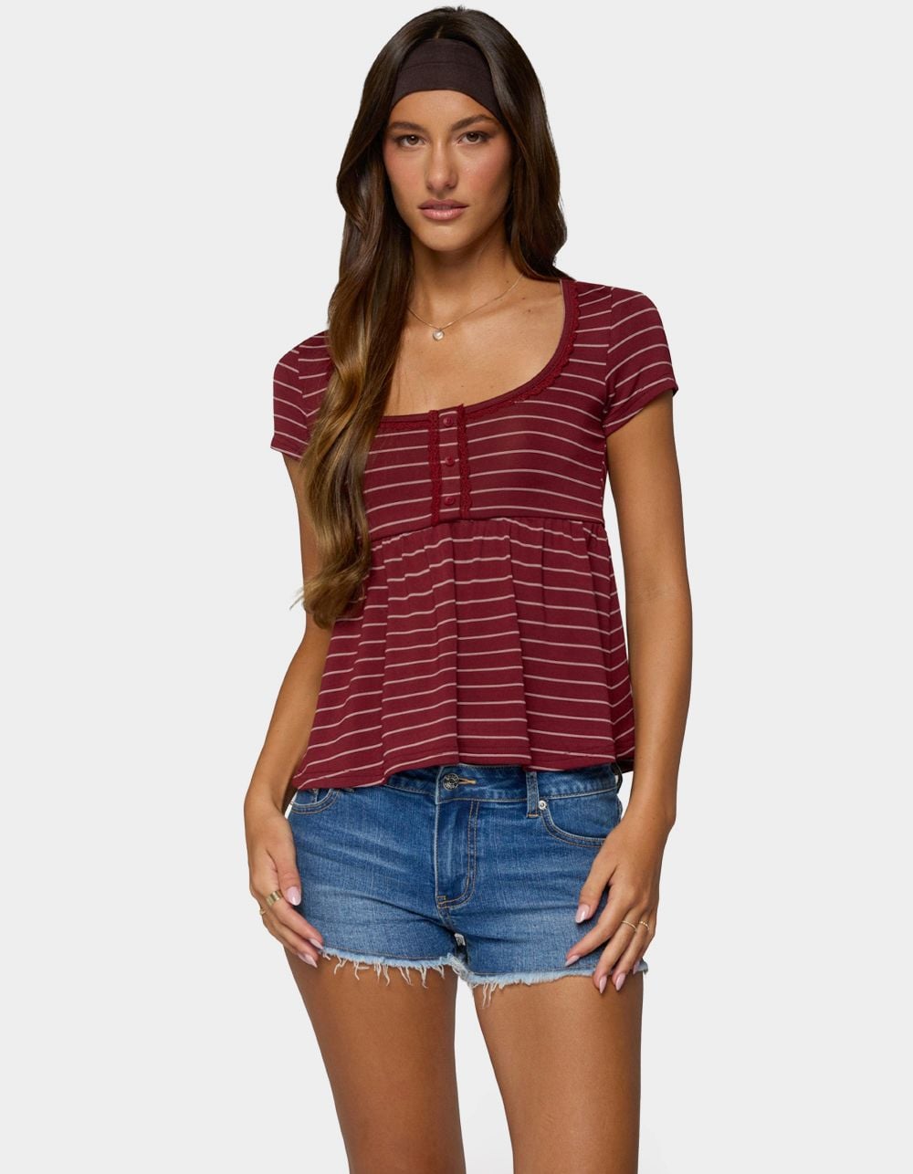 EDIKTED Jina Lacey Striped Babydoll Henley Top - DK RED
