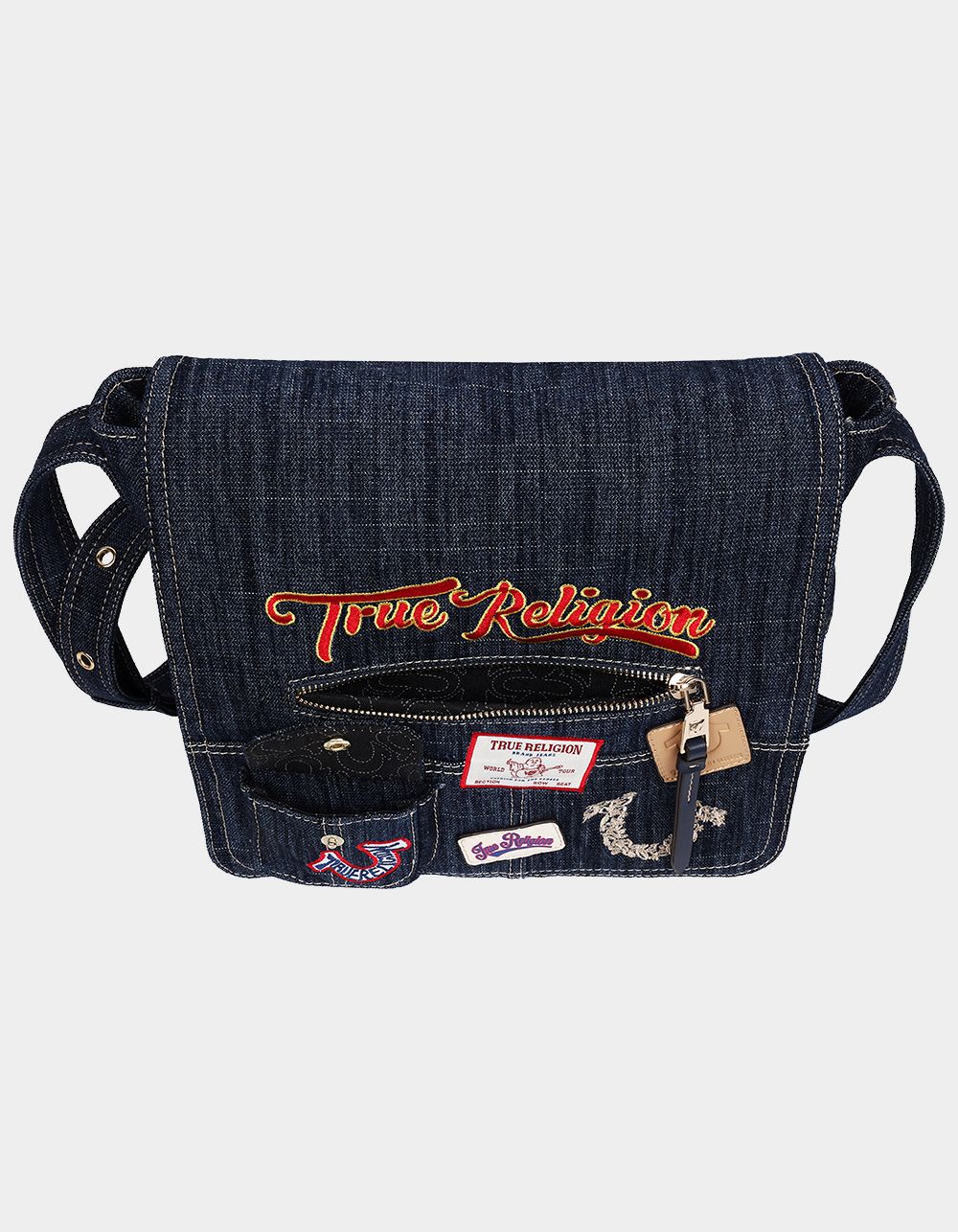 TRUE RELIGION Multi Patch Denim Messenger Bag - DK DENIM