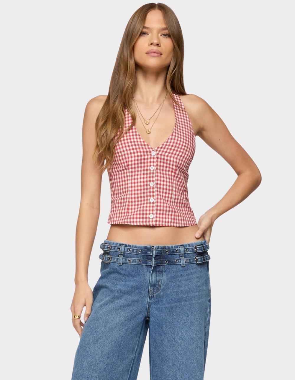 EDIKTED Evan Gingham Button Up Halter Top